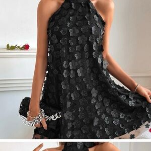 Floral Appliques Mesh Overlay Halter Dress BLACK